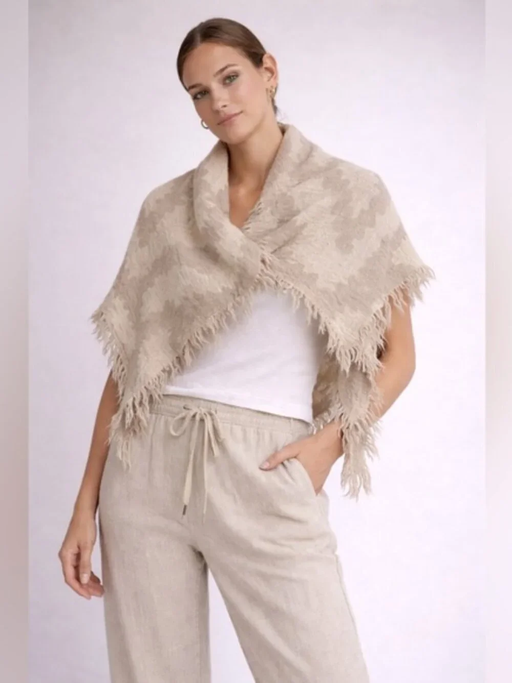Neutral Geometric Fringe Poncho Wrap Shawl Beige Cream One Size